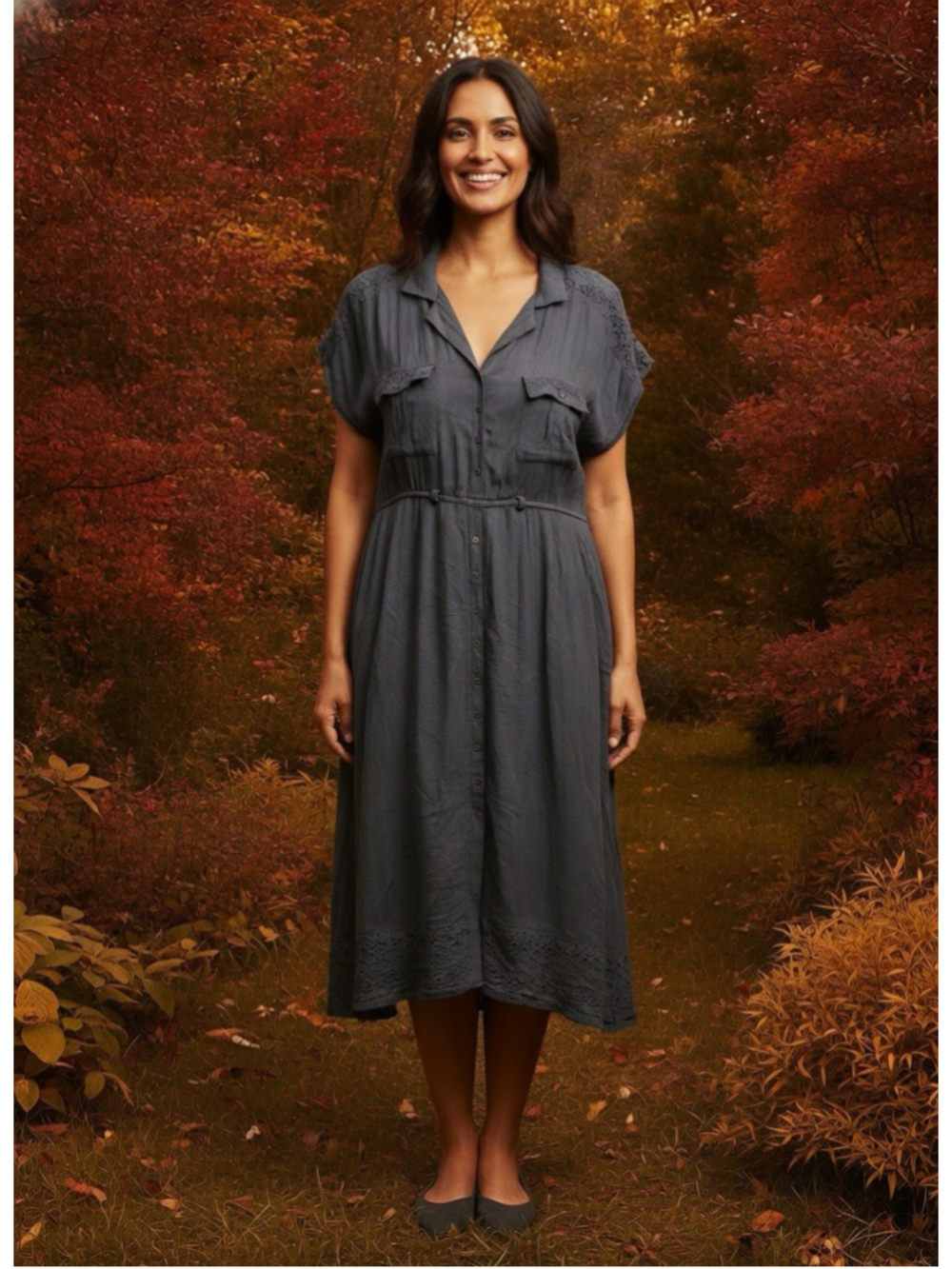 Sundance Slate Blue Lace Trim Gauze Midi Shirt Dress Boho Cottage Prairie